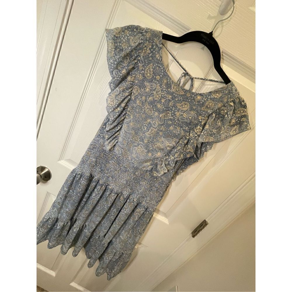Michael Kors women’s dress cinch waist blue and gold flutter sleeves open back